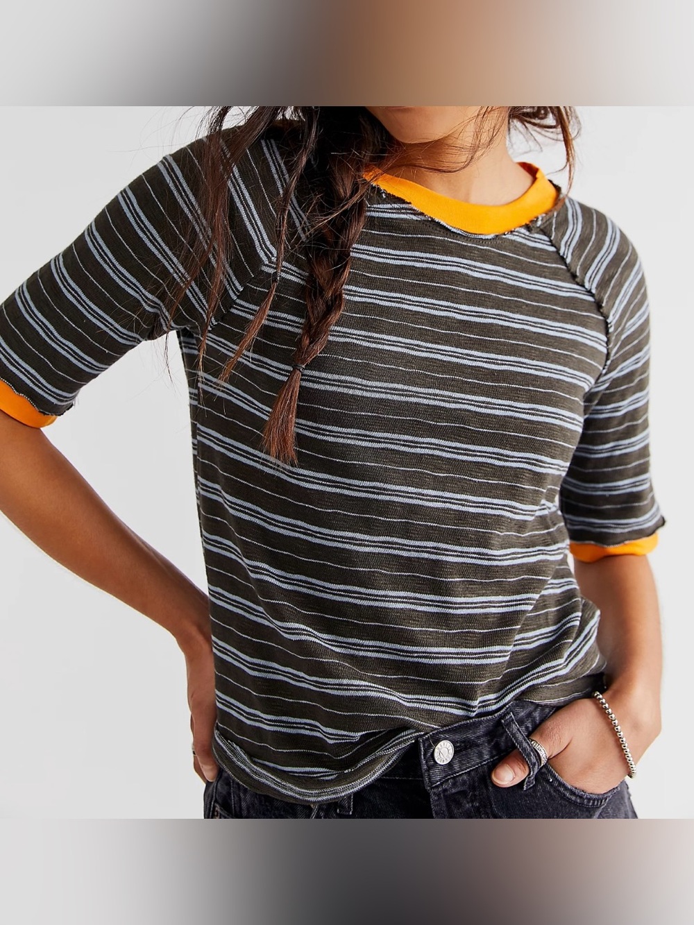 We The Free Gray and Blue Striped with Orange Trim Short Sleeve Tee - Size S